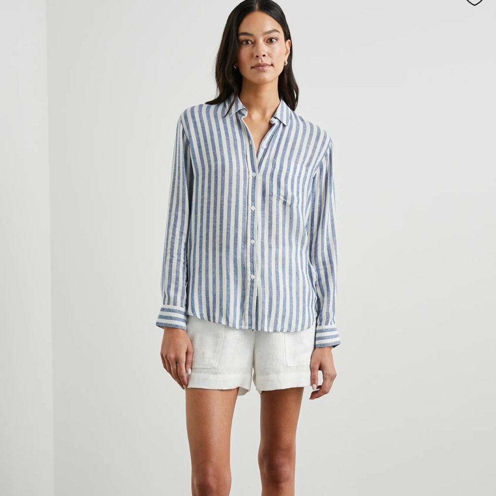 Rails Blue White Stripe Linen Blend Button Front Charli Shirt Top XS $188